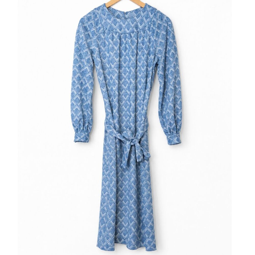Vintage Handmade Blue Geometric Long Sleeve Midi Dress w/ Tie Waist - Picture 4 of 9